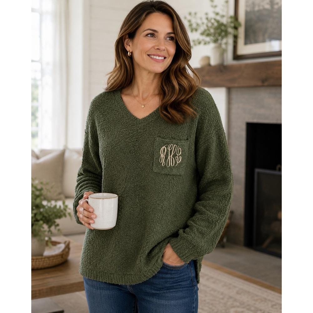 Marley‎ Lilly Women Large Olive Green Boucle Sweater V Neck Monogram Cozy Pocket